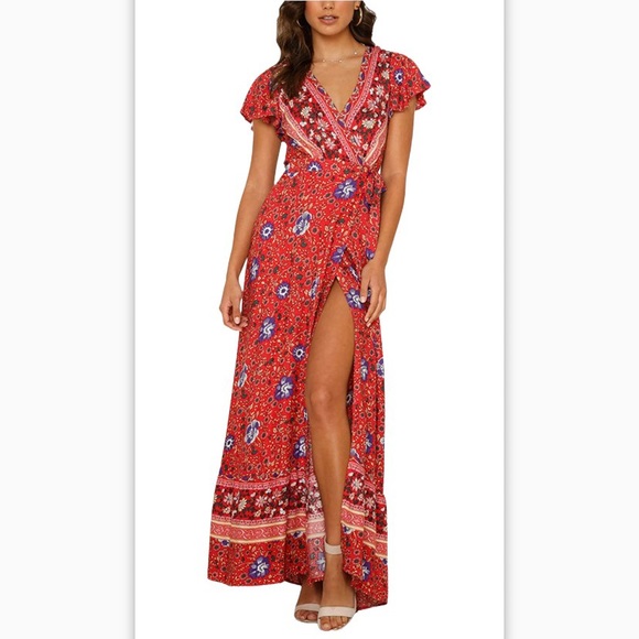 Dresses & Skirts - Bohemian Floral Women’s Dress -Wrap V Neck Maxi